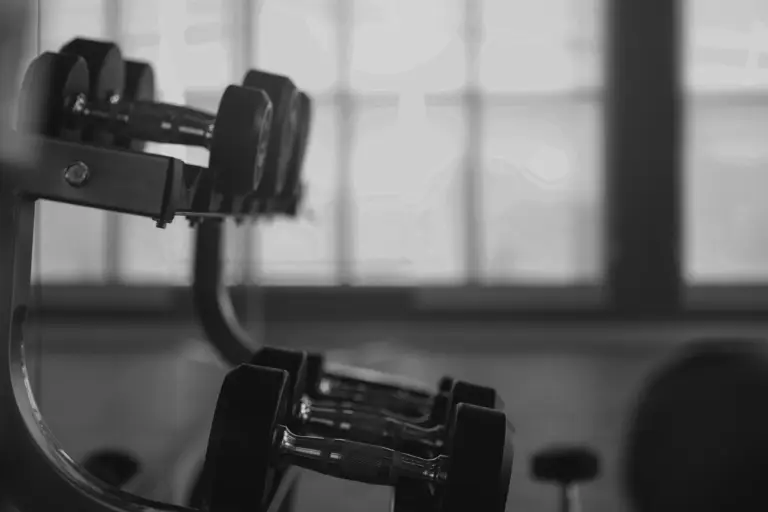 Haltères rangés sur un support dans une salle de sport équipée pour l'entraînement de musculation.